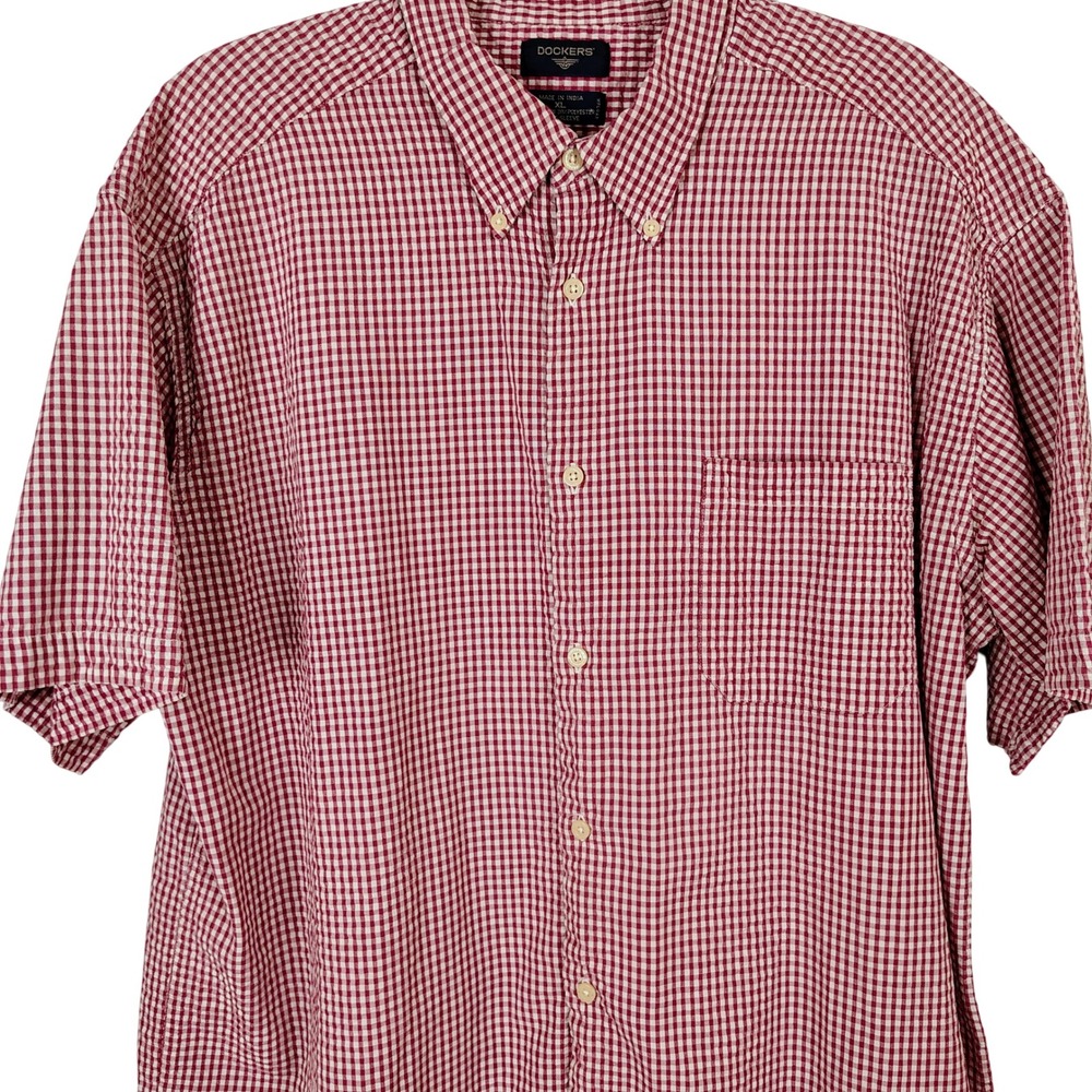 Dockers Mens‎ XL Red White Gingham Check Short Sleeve Button Down Shirt
